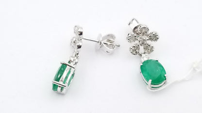 EMERALD ( OVAL ) WITH DIAMONDS 14 KT WHITE GOLD PUSH BACKS DANGLE EARRINGS