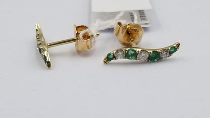 EMERALD WITH DIAMONDS 14 KT YELLOW GOLD PUSH BACKS EARRINGS