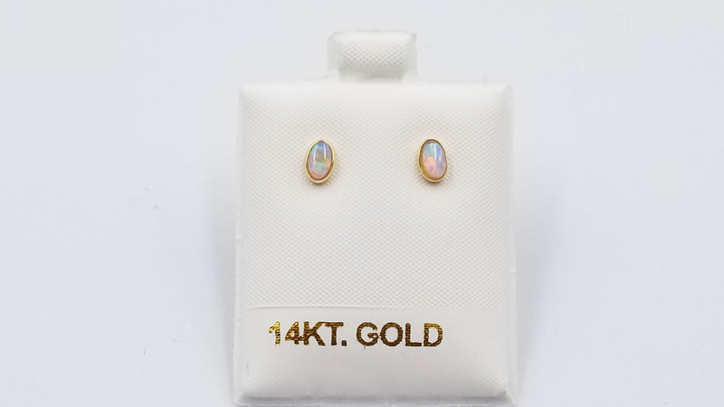 OPAL ( AUSTRALIAN ) OVAL BEZEL SET 14 KT YELLOW GOLD STUD EARRINGS