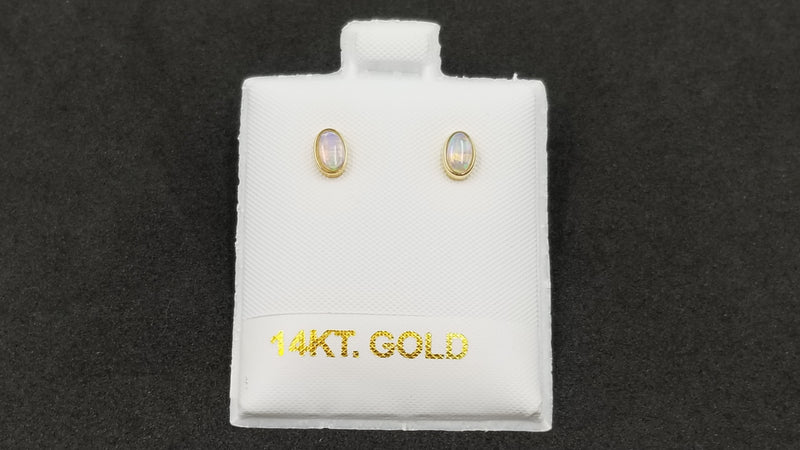 OPAL ( AUSTRALIAN ) OVAL BEZEL SET 14 KT YELLOW GOLD STUD EARRINGS