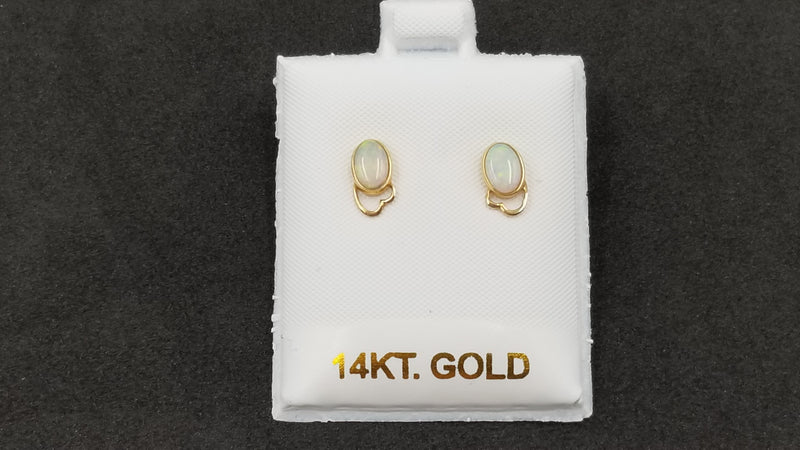 OPAL ( AUSTRALIAN ) OVAL BEZEL SET 14 KT YELLOW GOLD STUD EARRINGS