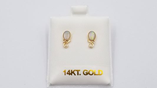 OPAL ( AUSTRALIAN ) OVAL BEZEL SETWITH DIAMOND 14 KT YELLOW GOLD STUD EARRINGS