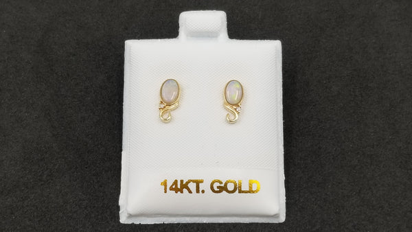 OPAL ( AUSTRALIAN ) OVAL BEZEL SETWITH DIAMOND 14 KT YELLOW GOLD STUD EARRINGS