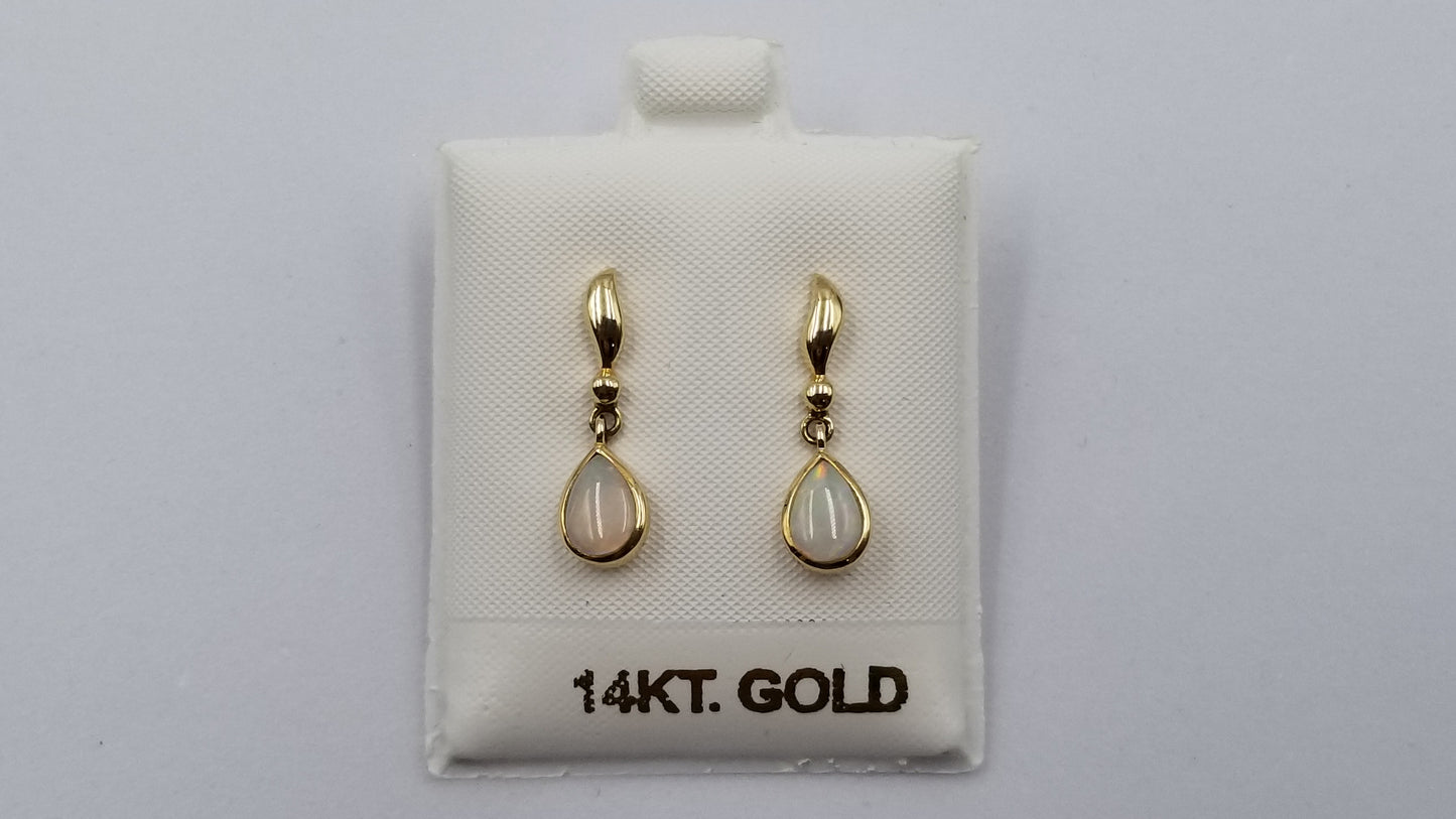 OPAL ( AUSTRALIA ) PEAR SHAPE BEZEL SET 14 KT YELLOW GOLD PUSH BACKS DANGLE EARRINGS