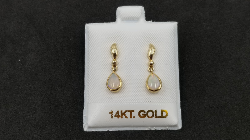 OPAL ( AUSTRALIA ) PEAR SHAPE BEZEL SET 14 KT YELLOW GOLD PUSH BACKS DANGLE EARRINGS