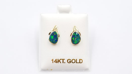 BOULDER OPAL DOUBLET ( AUSTRALIA ) FREEFORM SHAPE 14 KT YELLOW GOLD PUSH BACKS EARRINGS