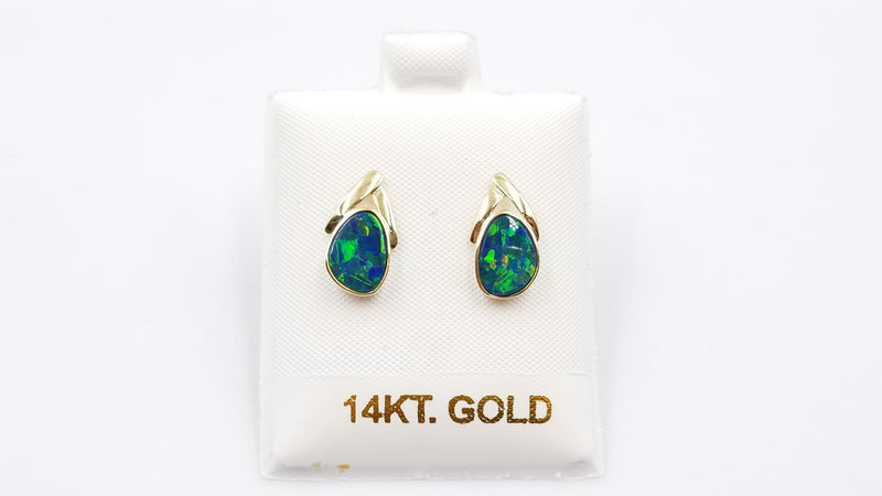 BOULDER OPAL DOUBLET ( AUSTRALIA ) FREEFORM SHAPE 14 KT YELLOW GOLD PUSH BACKS EARRINGS