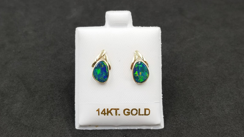 BOULDER OPAL DOUBLET ( AUSTRALIA ) FREEFORM SHAPE 14 KT YELLOW GOLD PUSH BACKS EARRINGS