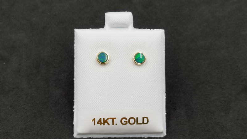 BOULDER OPAL DOUBLET ( AUSTRALIA )ROUND 14 KT YELLOW GOLD STUD EARRINGS