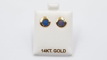 OPAL INLAY ( AUSTRALIA )ROUND 14 KT YELLOW GOLD STUD EARRINGS