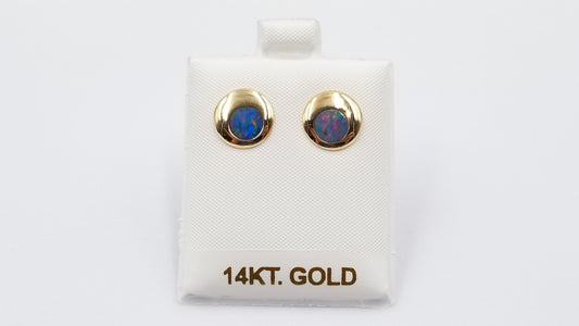 OPAL INLAY ( AUSTRALIA )ROUND 14 KT YELLOW GOLD STUD EARRINGS