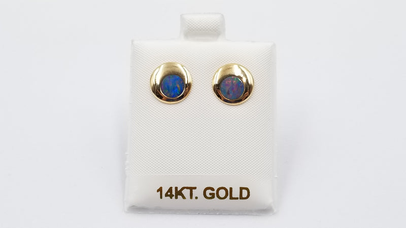 OPAL INLAY ( AUSTRALIA )ROUND 14 KT YELLOW GOLD STUD EARRINGS