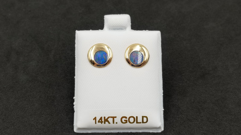 OPAL INLAY ( AUSTRALIA )ROUND 14 KT YELLOW GOLD STUD EARRINGS