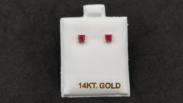 RUBY 4MM SQUARE CUT 14 KT YELLOW GOLD STUD EARRINGS