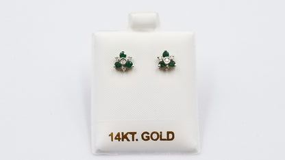 EMERLAD WITH DIAMONDS CLUSTER 14 KT WHITE GOLD STUD EARRINGS