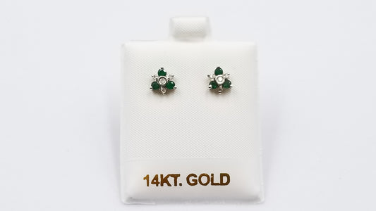 EMERLAD WITH DIAMONDS CLUSTER 14 KT WHITE GOLD STUD EARRINGS