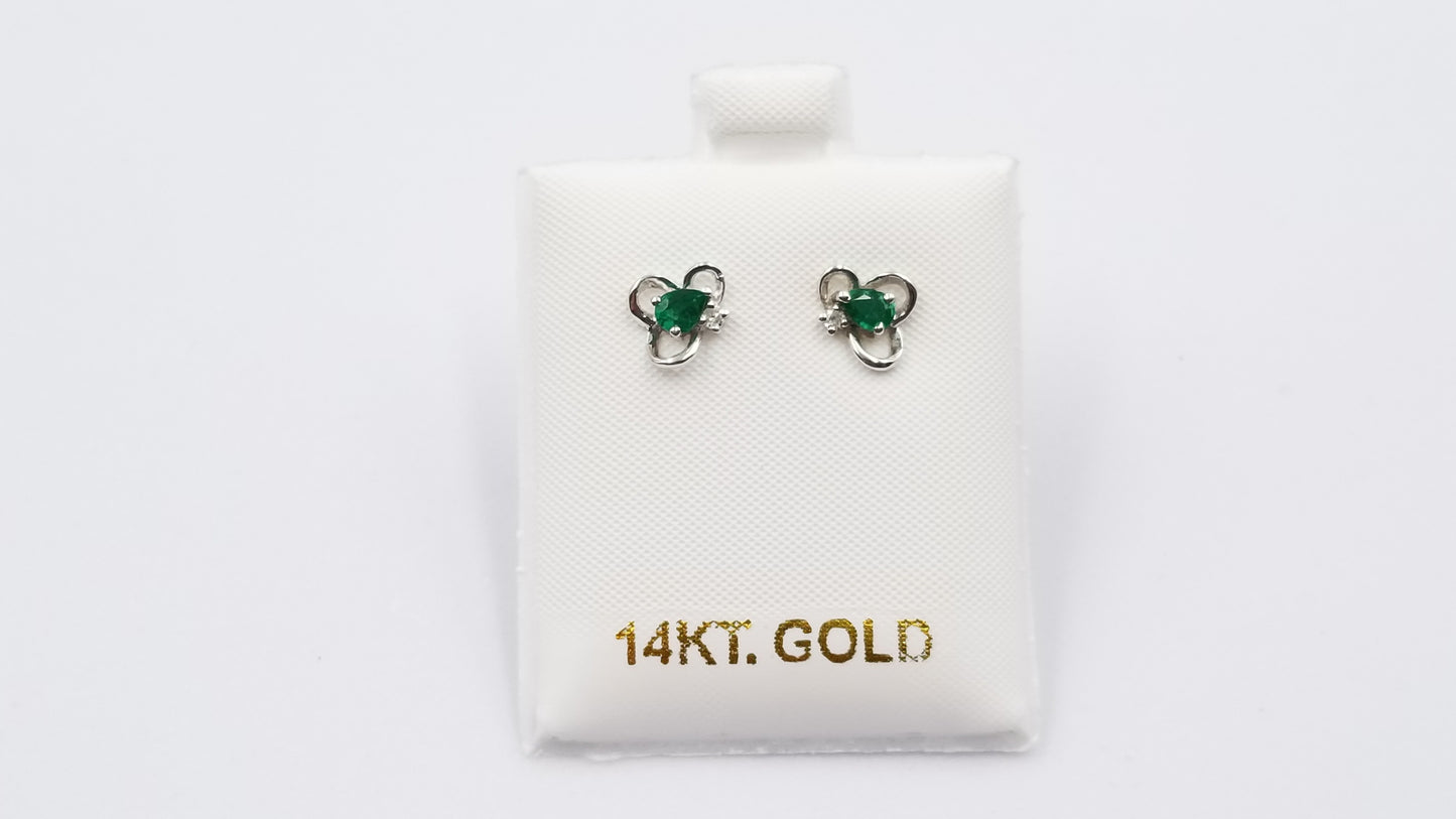 EMERALD ( COLUMBIAN ) PEAR SHAPE WITH DIAMOND 14 KT WHITE GOLD STUD EARRINGS