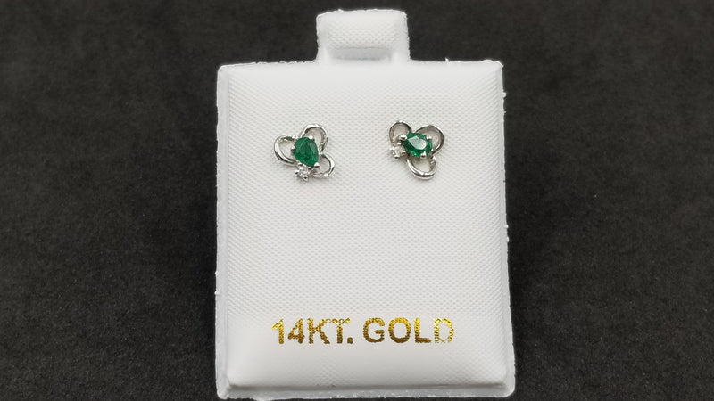 EMERALD ( COLUMBIAN ) PEAR SHAPE WITH DIAMOND 14 KT WHITE GOLD STUD EARRINGS