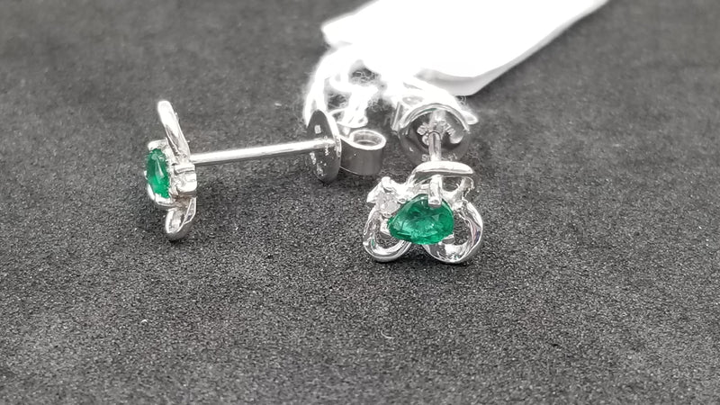 EMERALD ( COLUMBIAN ) PEAR SHAPE WITH DIAMOND 14 KT WHITE GOLD STUD EARRINGS