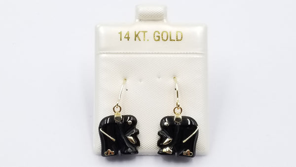 BLACK JADE ELEPHANT 14 KT YELLOW GOLD DANGLE EARRINGS