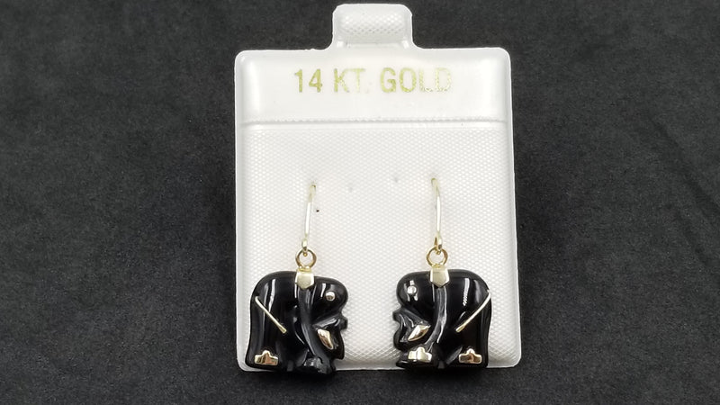 BLACK JADE ELEPHANT 14 KT YELLOW GOLD DANGLE EARRINGS