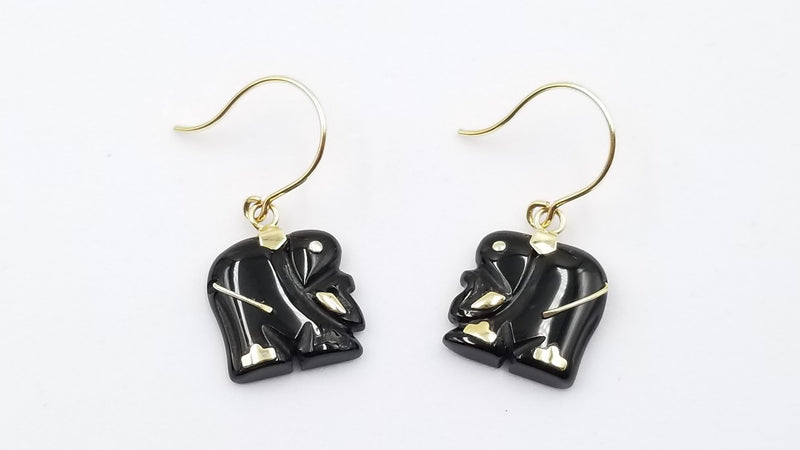 BLACK JADE ELEPHANT 14 KT YELLOW GOLD DANGLE EARRINGS