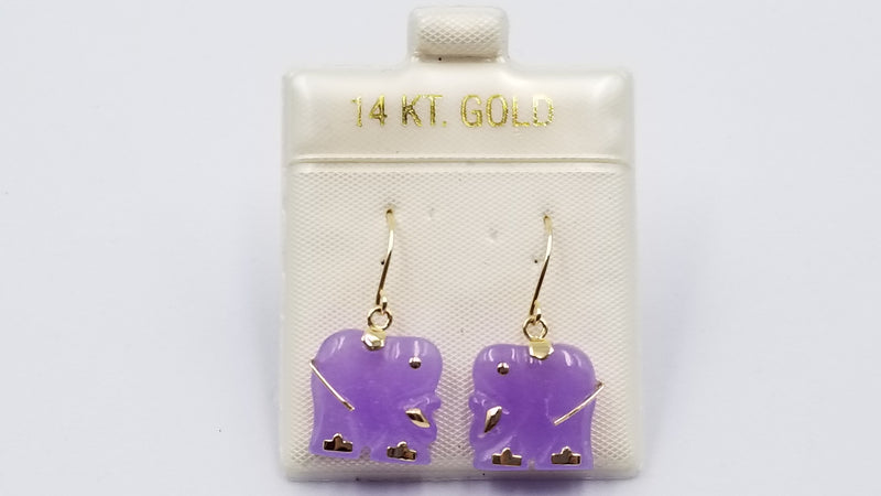 PINK JADE ( DYED ) ELEPHANT 14 KT YELLOW GOLD DANGLE EARRINGS