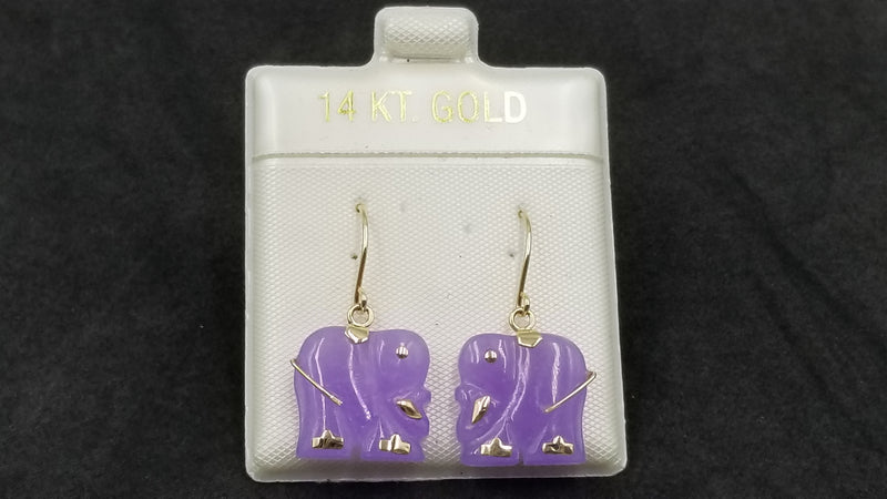 PINK JADE ( DYED ) ELEPHANT 14 KT YELLOW GOLD DANGLE EARRINGS