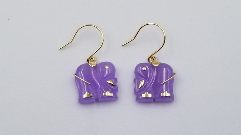 PINK JADE ( DYED ) ELEPHANT 14 KT YELLOW GOLD DANGLE EARRINGS