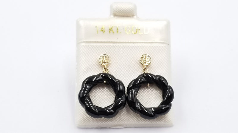 BLACK JADE 14 KT YELLOW GOLD DESIGNS CIRCLE DANGLE EARRINGS