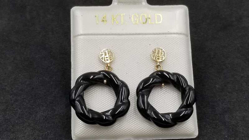 BLACK JADE 14 KT YELLOW GOLD DESIGNS CIRCLE DANGLE EARRINGS