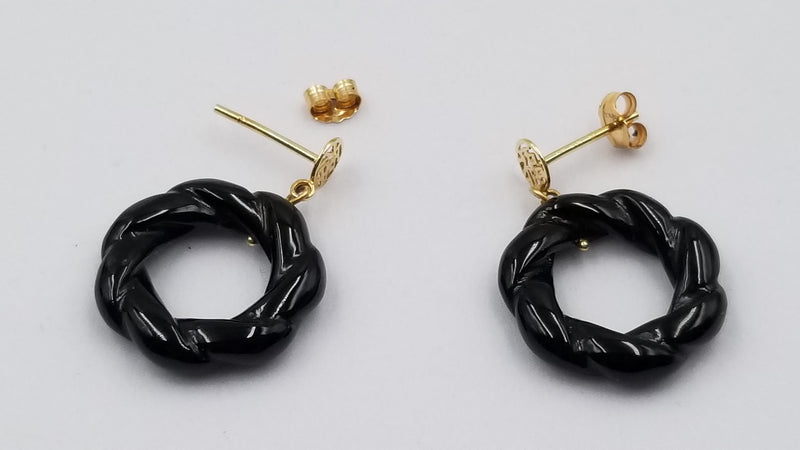 BLACK JADE 14 KT YELLOW GOLD DESIGNS CIRCLE DANGLE EARRINGS