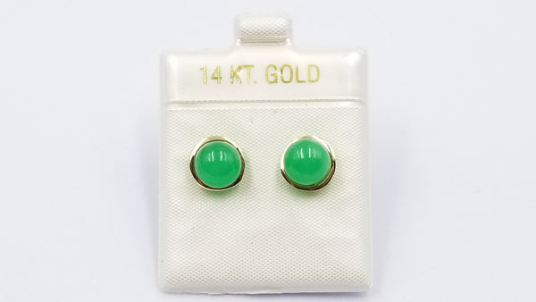 GREEN JADE ( DYED ) 8 MM BEAD 14 KT YELLOW GOLD STUD EARRINGS