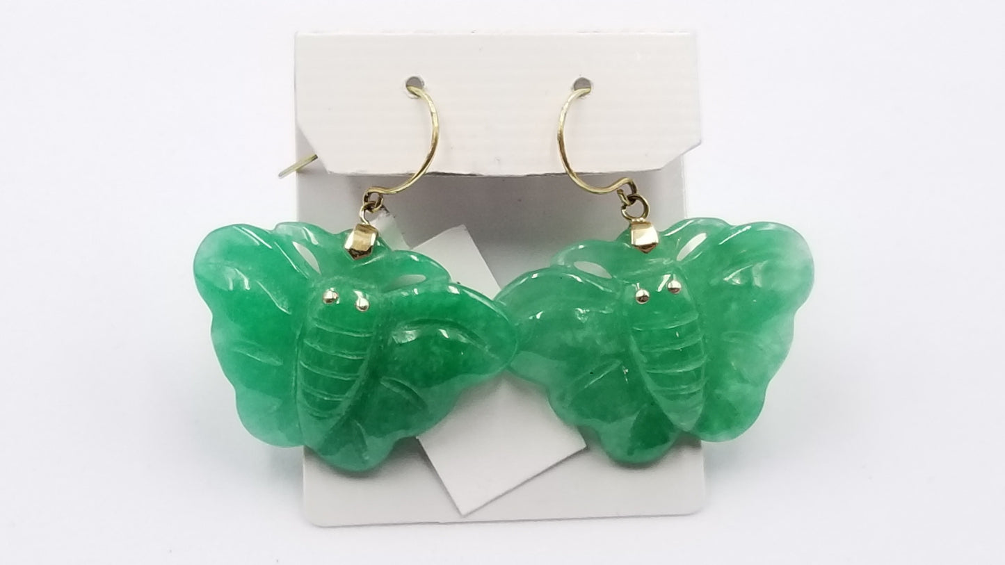 GREEN JADE ( DYED ) BUTTERFLY 14 KT YELLOW GOLD WIRE DANGLE EARRINGS