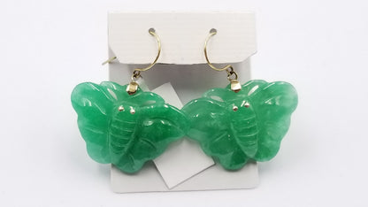 GREEN JADE ( DYED ) BUTTERFLY 14 KT YELLOW GOLD WIRE DANGLE EARRINGS