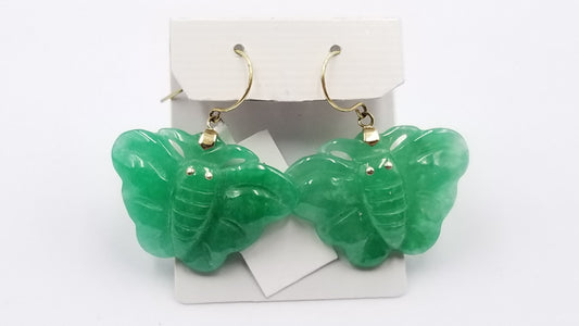 GREEN JADE ( DYED ) BUTTERFLY 14 KT YELLOW GOLD WIRE DANGLE EARRINGS