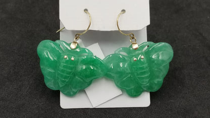 GREEN JADE ( DYED ) BUTTERFLY 14 KT YELLOW GOLD WIRE DANGLE EARRINGS