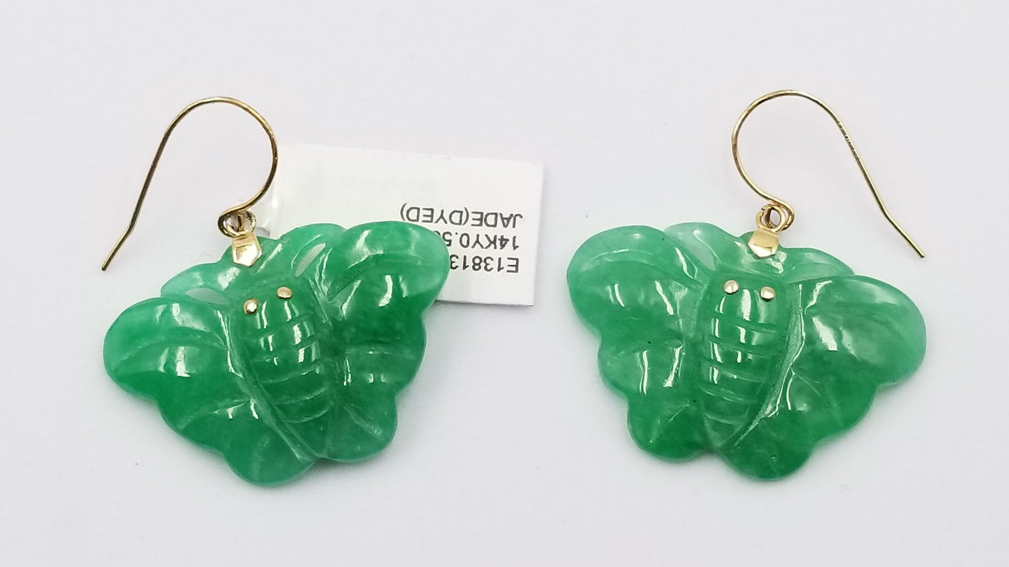 GREEN JADE ( DYED ) BUTTERFLY 14 KT YELLOW GOLD WIRE DANGLE EARRINGS