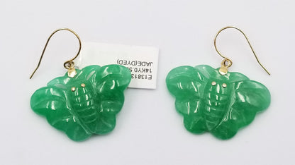 GREEN JADE ( DYED ) BUTTERFLY 14 KT YELLOW GOLD WIRE DANGLE EARRINGS