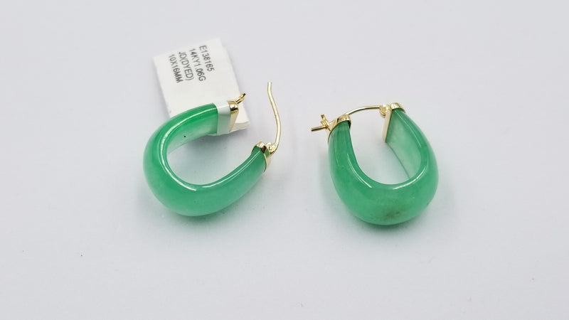 GREEN JADE ( DYED )  14 KT YELLOW GOLD HINGED BACKS EARRINGS