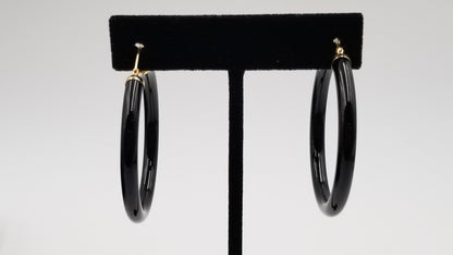 BLACK JADE 14 KT YELLOW GOLD HOOP EARRINGS ( LARGE SIZE )
