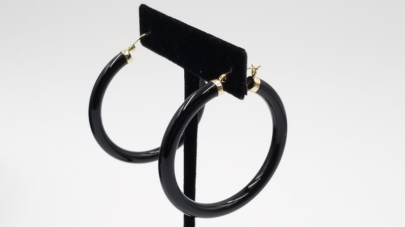 BLACK JADE 14 KT YELLOW GOLD HOOP EARRINGS ( LARGE SIZE )