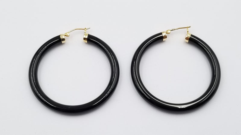 BLACK JADE 14 KT YELLOW GOLD HOOP EARRINGS ( LARGE SIZE )