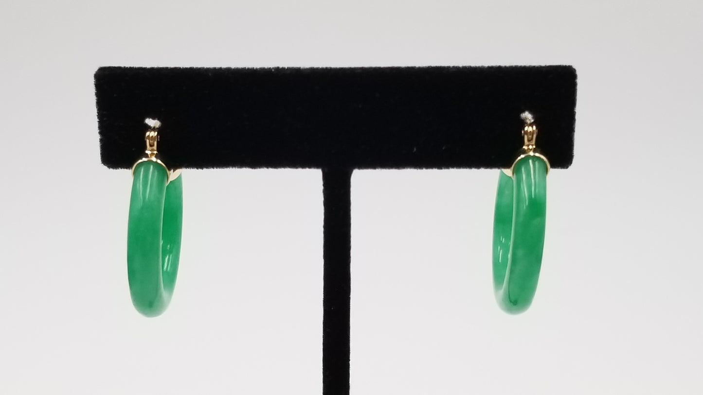 GREEN JADE ( DYED ) 14 KT YELLOW GOLD HOOP EARRINGS ( SMALL SIZE )