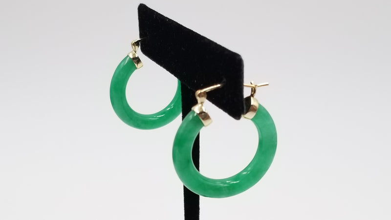 GREEN JADE ( DYED ) 14 KT YELLOW GOLD HOOP EARRINGS ( SMALL SIZE )