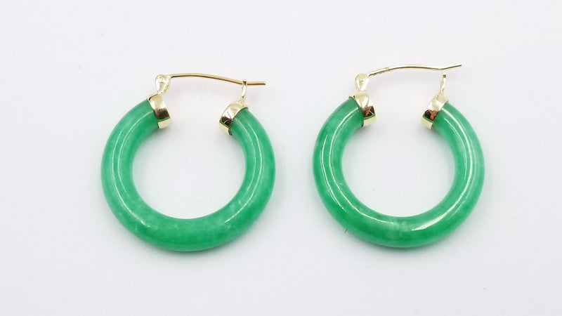 GREEN JADE ( DYED ) 14 KT YELLOW GOLD HOOP EARRINGS ( SMALL SIZE )