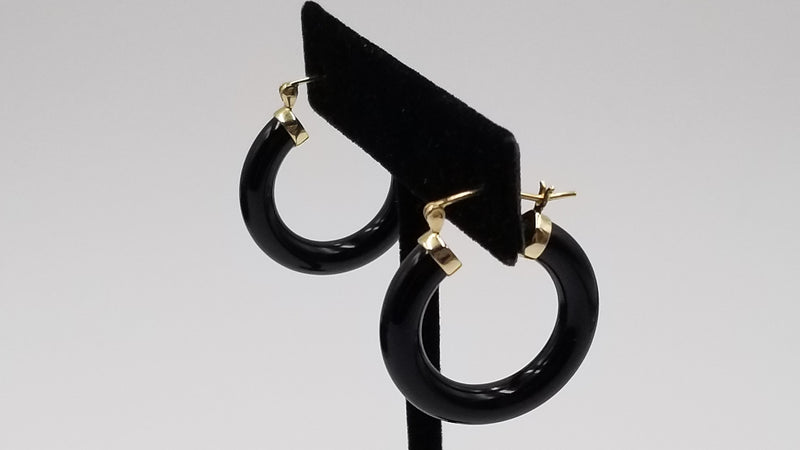 BLACK JADE 14 KT YELLOW GOLD HOOP EARRINGS ( SMALL SIZE )