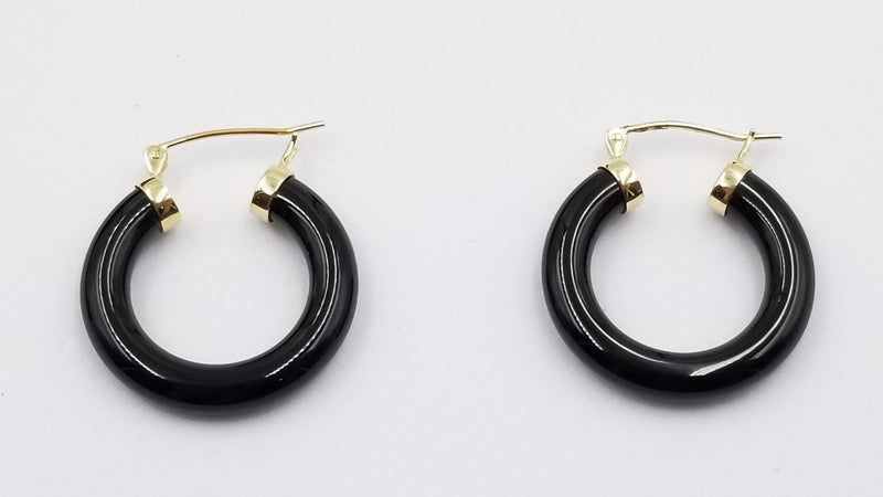 BLACK JADE 14 KT YELLOW GOLD HOOP EARRINGS ( SMALL SIZE )