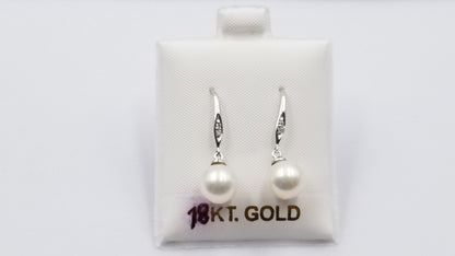 FRESHWATER CULTURE PEARL 7.5-8 MM WITH DIAMONDS 18 KT WHITE GOLD WIRE DANGLE EARRINGS