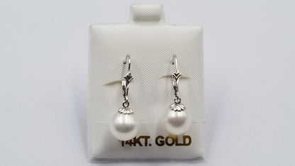 FRESHWATER CULTURE PEARL 9.5-10 MM 14 KT WHITE GOLD LEVER BACKS DANGLE EARRINGS